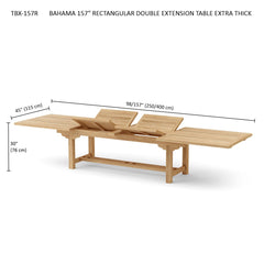 Anderson Teak Bahama 157-inch rectangular double extension table with extra thick teak wood for outdoor dining or gathering.