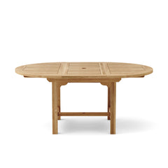 Anderson Teak Bahama 67-inch oval extension table with teak wood finish, showcasing its elegant design and extendable feature.