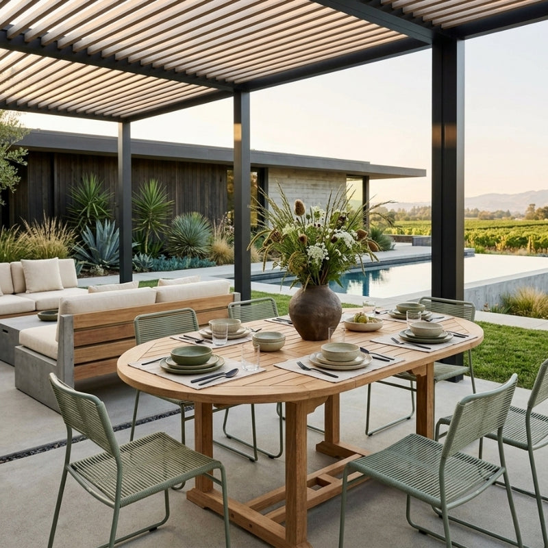 Anderson Teak Bahama 67-inch oval extension table showing a wooden outdoor dining table with extendable leaves.