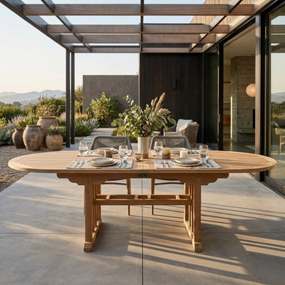 Anderson Teak BAHAMA 71-inch oval extension table with extra thick wooden surface for outdoor dining and entertaining.