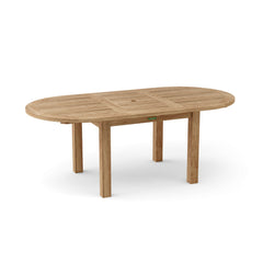 Anderson Teak BAHAMA 79-inch oval extension table showing polished teak wood surface and extendable design for outdoor dining.