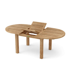 Anderson Teak Bahama 79-inch oval extension table showing a polished teak wood surface and extended leaves for extra dining space.