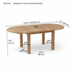Anderson Teak Bahama 79-inch oval extension table showing polished teak wood surface and extendable design for outdoor dining.