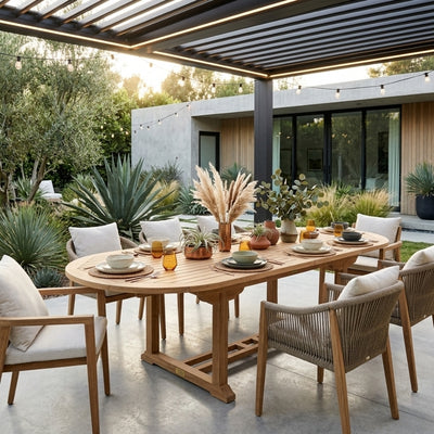 Anderson Teak Bahama 87-inch oval extension table with extra thick wood, perfect for outdoor dining and spacious gatherings.