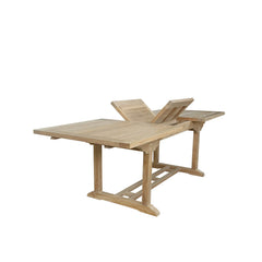 Anderson Teak Bahama 94-inch rectangular extension table showing polished teak wood surface and extended leaves.
