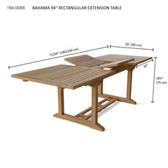 Anderson Teak Bahama 94-inch rectangular extension table showing smooth wooden surface and sturdy legs for outdoor dining.