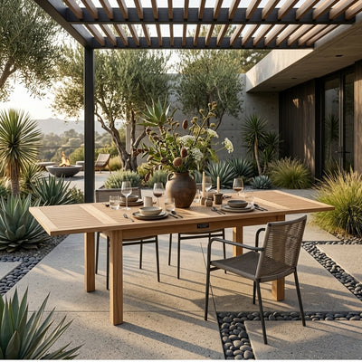 Bahama 95-inch rectangular extension table by Anderson Teak, showcasing polished teak wood and extendable design for outdoor dining.