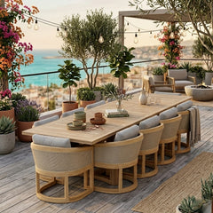 Catania extension table by Anderson Teak showing a spacious wooden dining table with extendable leaves and a natural teak finish.