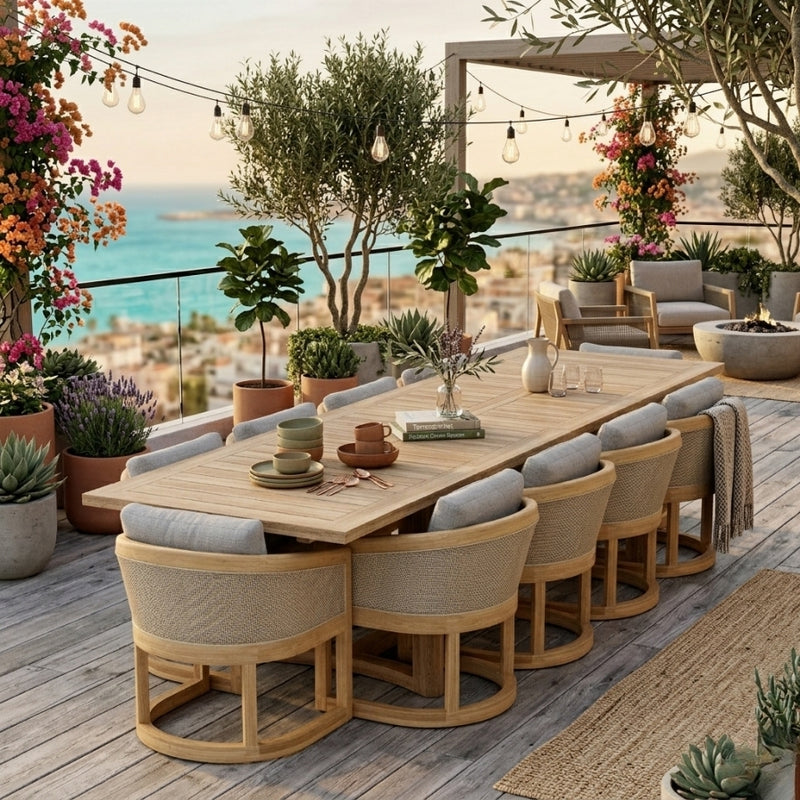 Catania extension table by Anderson Teak showing a spacious wooden dining table with extendable leaves and a natural teak finish.