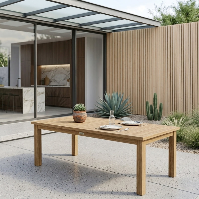 Rectangular Chelsea dining table by Anderson Teak, showcasing a sleek wooden tabletop and sturdy legs for modern dining spaces.