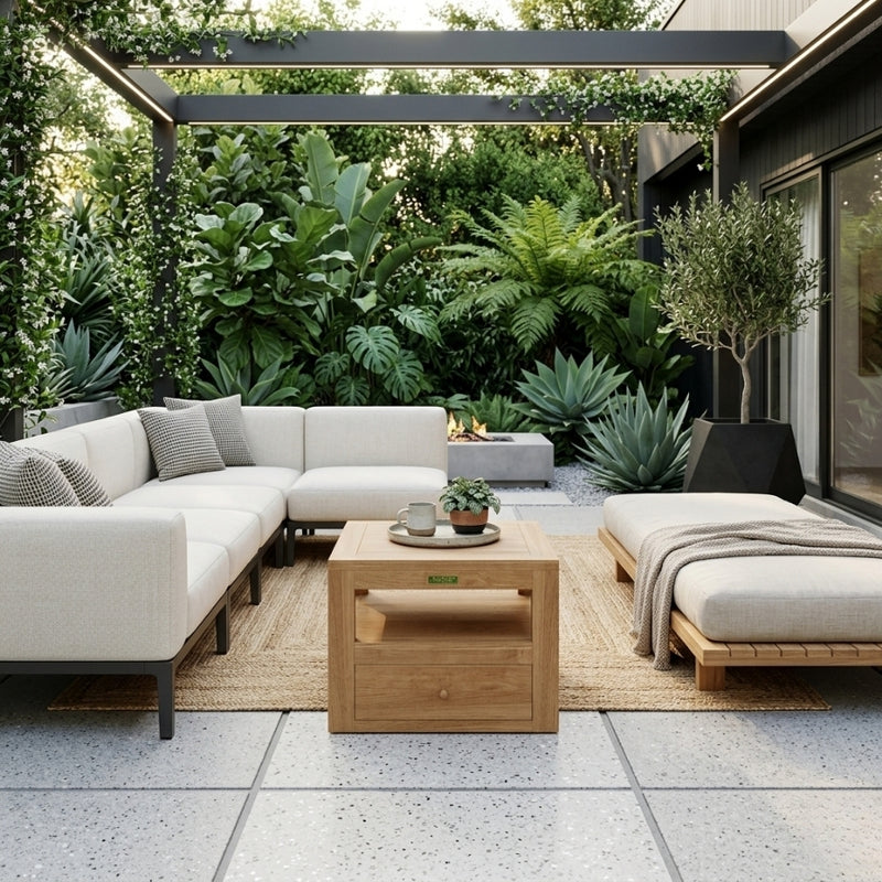 Anderson Teak Copacabana side table with a sleek wooden design, perfect for outdoor or indoor use.