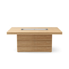 Louvre rectangular fireplace table by Anderson Teak featuring a sleek wooden design and sturdy construction for outdoor use.
