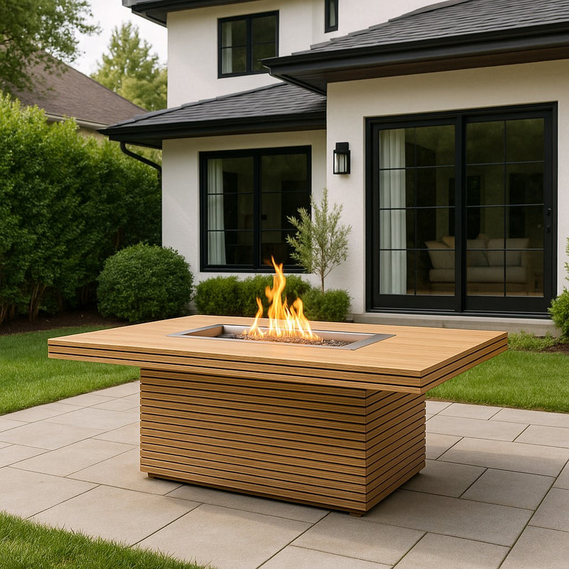 Rectangular fireplace table by Anderson Teak with a sleek wooden surface, perfect for outdoor patio decor.