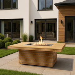 Anderson Teak Louvre rectangular fireplace table with teak wood finish, featuring a sleek design for outdoor or patio use.