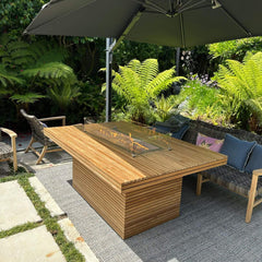 Louvre rectangular fireplace table by Anderson Teak featuring a sleek wooden design for outdoor or patio use.