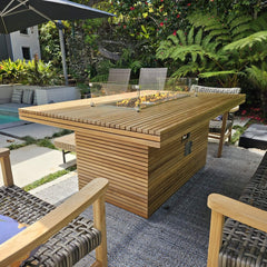 Rectangular fireplace table by Anderson Teak featuring a sleek wooden design, perfect for outdoor living spaces.