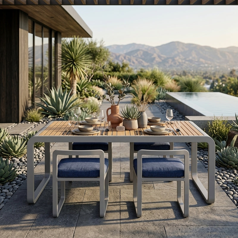 Anderson Teak Monza dining table with a sleek wooden surface and sturdy legs, ideal for modern dining rooms.