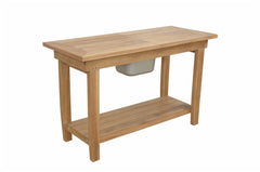 Nautilus console table by Anderson Teak featuring a sleek wooden design with a smooth top and sturdy legs.