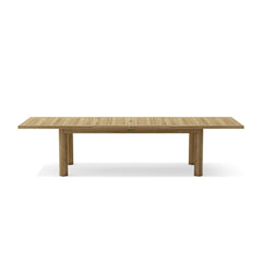 Rectangular Chelsea double extension table by Anderson Teak, showcasing its wooden surface and sturdy design for dining and gatherings.