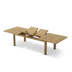 Rectangular Chelsea double extension teak table by Anderson Teak, showing its elegant wood finish and versatile design.