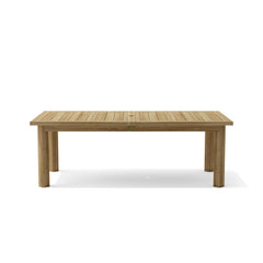 Rectangular Chelsea double extension teak table by Anderson Teak, showing polished wood surface and extended sections for seating.