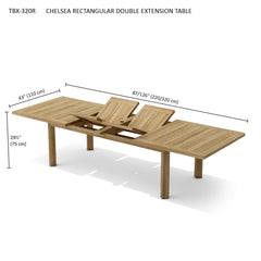 Rectangular Chelsea double extension teak table by Anderson Teak, showcasing smooth wood surface and expandable design for dining spaces.