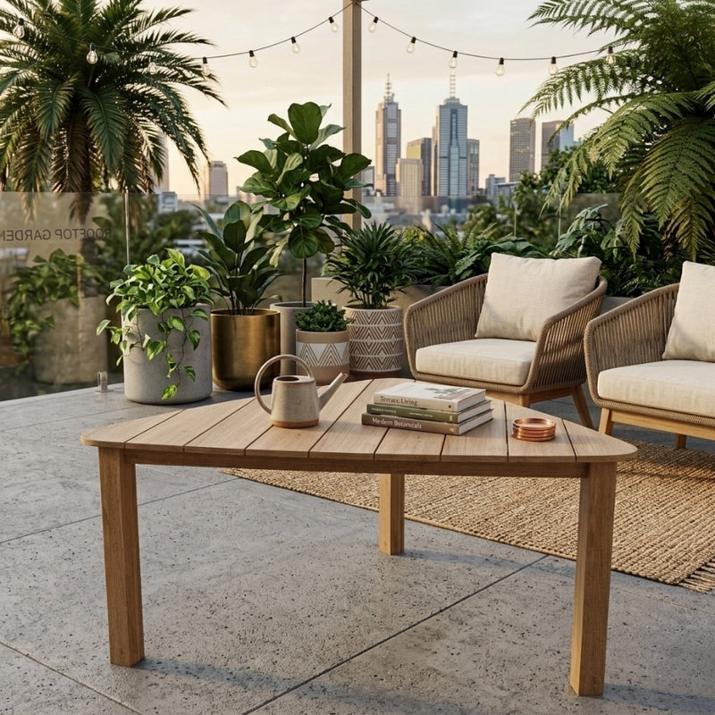 Padua Triangle Table by Anderson Teak, showcasing a stylish outdoor teak table with a modern triangular design and smooth finish.