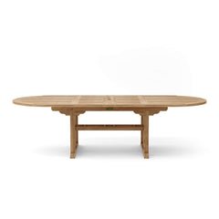 Anderson Teak Sahara 106-inch oval double extension table with polished wood finish and sturdy construction.
