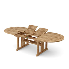 Anderson Teak Sahara 106-inch oval double extension table with wood finish, showcasing the elegant design and expandable surface
