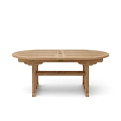 Anderson Teak Sahara 106-inch oval double extension table showing polished teak wood surface and sturdy table legs.