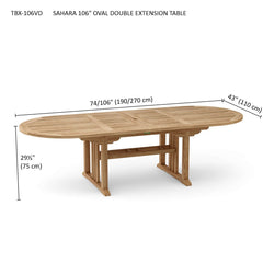 Sahara 106-inch oval double extension teak table by Anderson Teak, showcasing a polished wooden surface and sturdy legs.