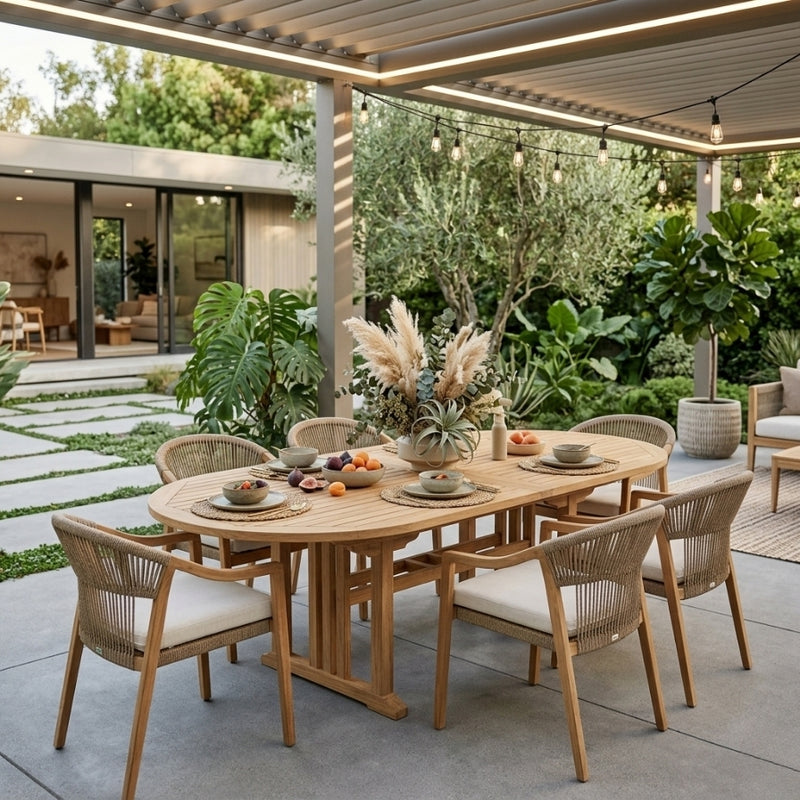 Sahara 106-inch oval double extension teak table by Anderson Teak, showing its polished wooden surface and sturdy legs.