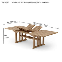 Anderson Teak Sahara 106-inch rectangular double extension table shown with extended leaves and teak wood finish.