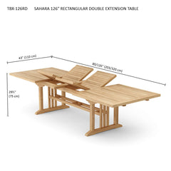Anderson Teak Sahara 126-inch rectangular double extension table, crafted in teak, with a smooth surface and sturdy legs for dining.