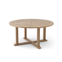 Anderson Teak TOSCA 59-inch round luxury outdoor teak dining table for patio, showcasing smooth polished surface and sturdy construction.