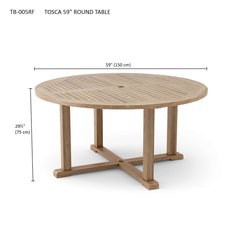 Anderson Teak Tosca 59-inch round outdoor teak dining table set on patio for outdoor dining and entertaining.