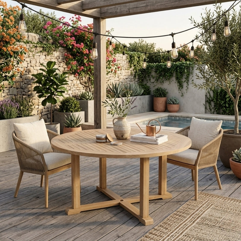 Anderson Teak TOSCA 59-inch round luxury outdoor teak dining table for patio, showcasing a polished teak surface and sturdy construction.