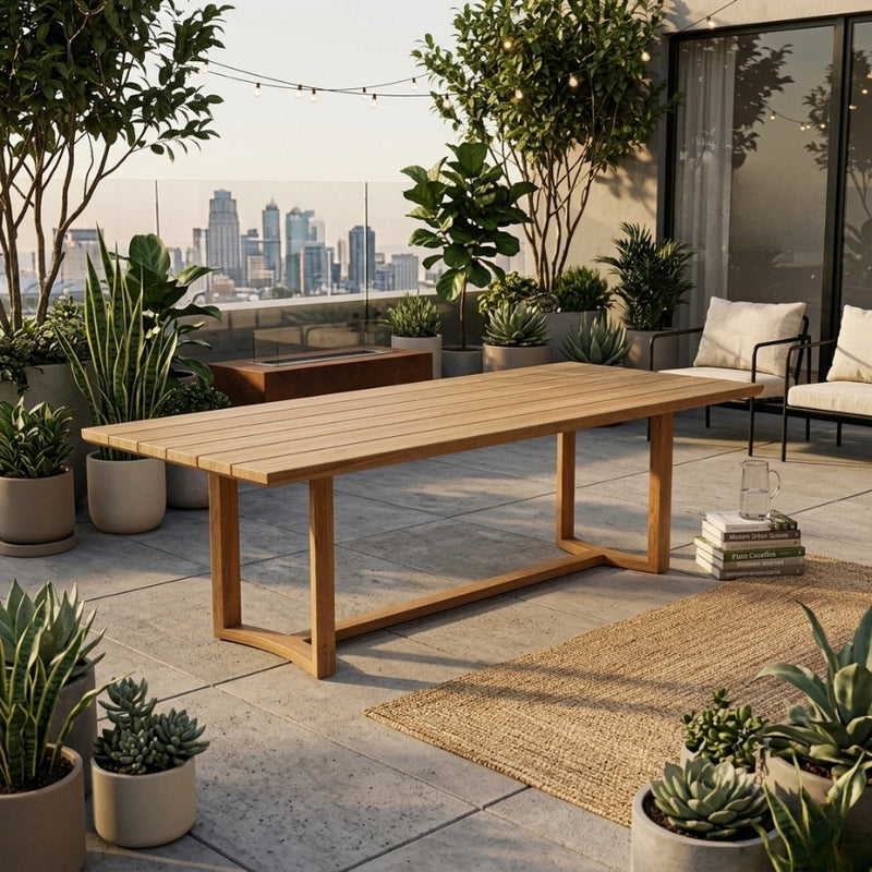 Anderson Teak Toscana dining table made of solid teak wood, outdoor luxury patio table with a smooth rectangular surface.
