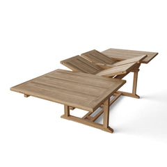 Anderson Teak Valencia 117-inch rectangular outdoor dining table made of A-grade teak with double extension for patio use.