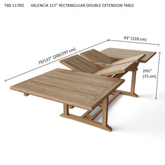 Anderson Teak Valencia 117-inch rectangular outdoor dining table with double extension, made of high-grade teak for patio use.