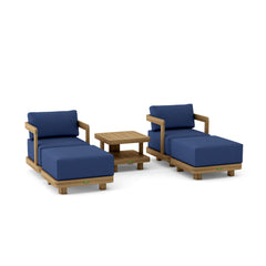Set of five Anderson Teak Granada deep seating outdoor sofa and ottoman with teak finish, designed for garden lounge comfort.