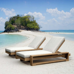 Capistrano Sun Lounger by Anderson Teak in 9 designer colors, modern teak sunbed for outdoor relaxation and sunbathing.