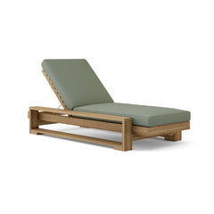 Capistrano Sun Lounger by Anderson Teak in 9 designer colors, showing a stylish wooden sunbed with adjustable backrest and comfortable cushions.