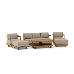 Anderson Teak Granada 5-piece deep seating outdoor patio sofa set with teak frames and plush cushions for garden lounge comfort.