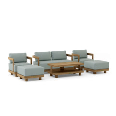 Six-piece Anderson Teak Granada deep seating outdoor sofa set with teak frames and plush cushions for garden lounge comfort.