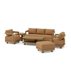 Outdoor sofa set with six deep seating pieces in vibrant designer colors by Anderson Teak, perfect for stylish outdoor living.