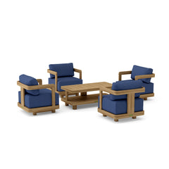 Set of five Anderson Teak Granada deep seating outdoor patio swivel chairs with plush cushions on a garden lounge.