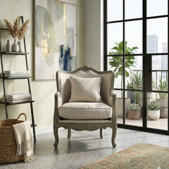 Zentique Adele Love Seat accent chair with plush fabric upholstery and elegant wooden legs, perfect for stylish living rooms.