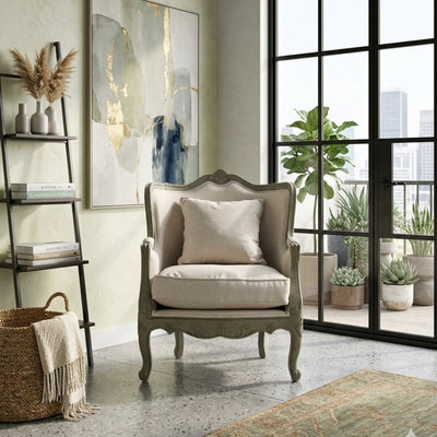 Zentique Adele Love Seat accent chair with plush fabric upholstery and elegant wooden legs, perfect for stylish living rooms.
