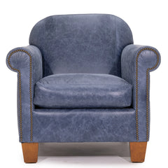 Hamilton accent arm chair with denim fabric and top grain leather by Zentique, showcasing stylish and comfortable seating.